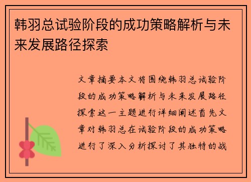 韩羽总试验阶段的成功策略解析与未来发展路径探索