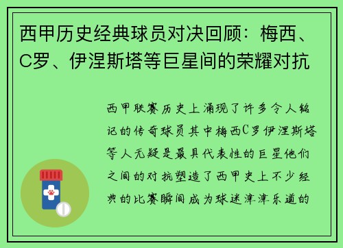 西甲历史经典球员对决回顾：梅西、C罗、伊涅斯塔等巨星间的荣耀对抗
