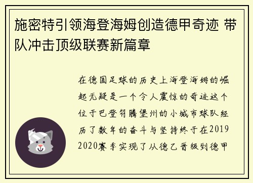 施密特引领海登海姆创造德甲奇迹 带队冲击顶级联赛新篇章