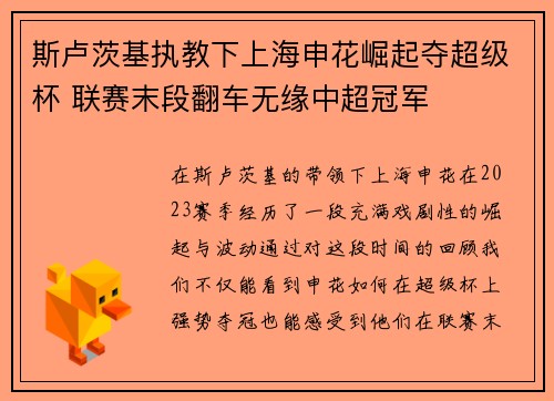 斯卢茨基执教下上海申花崛起夺超级杯 联赛末段翻车无缘中超冠军